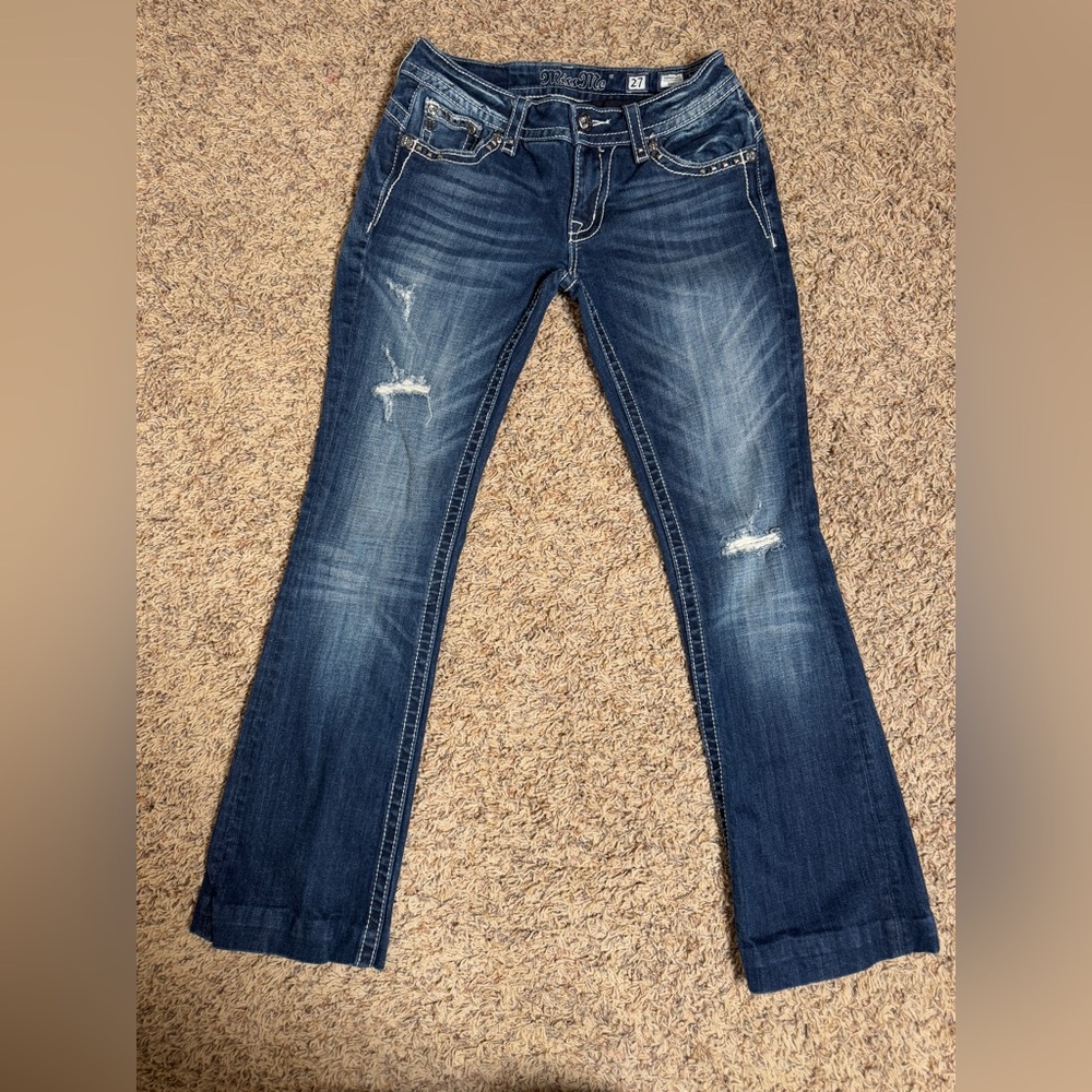 Miss Me Blue Flare Wide Leg Jeans with Distressed Accents